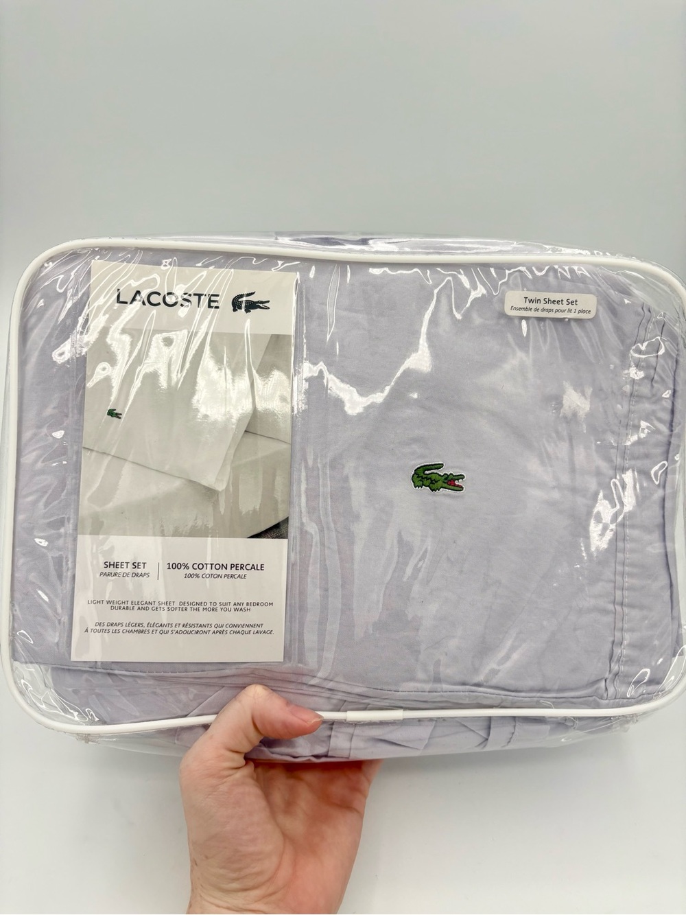 NWT NEW Lacoste 100% Cotton Percale Solid Sheet Set Sleet Twin Sheets Pillowcase